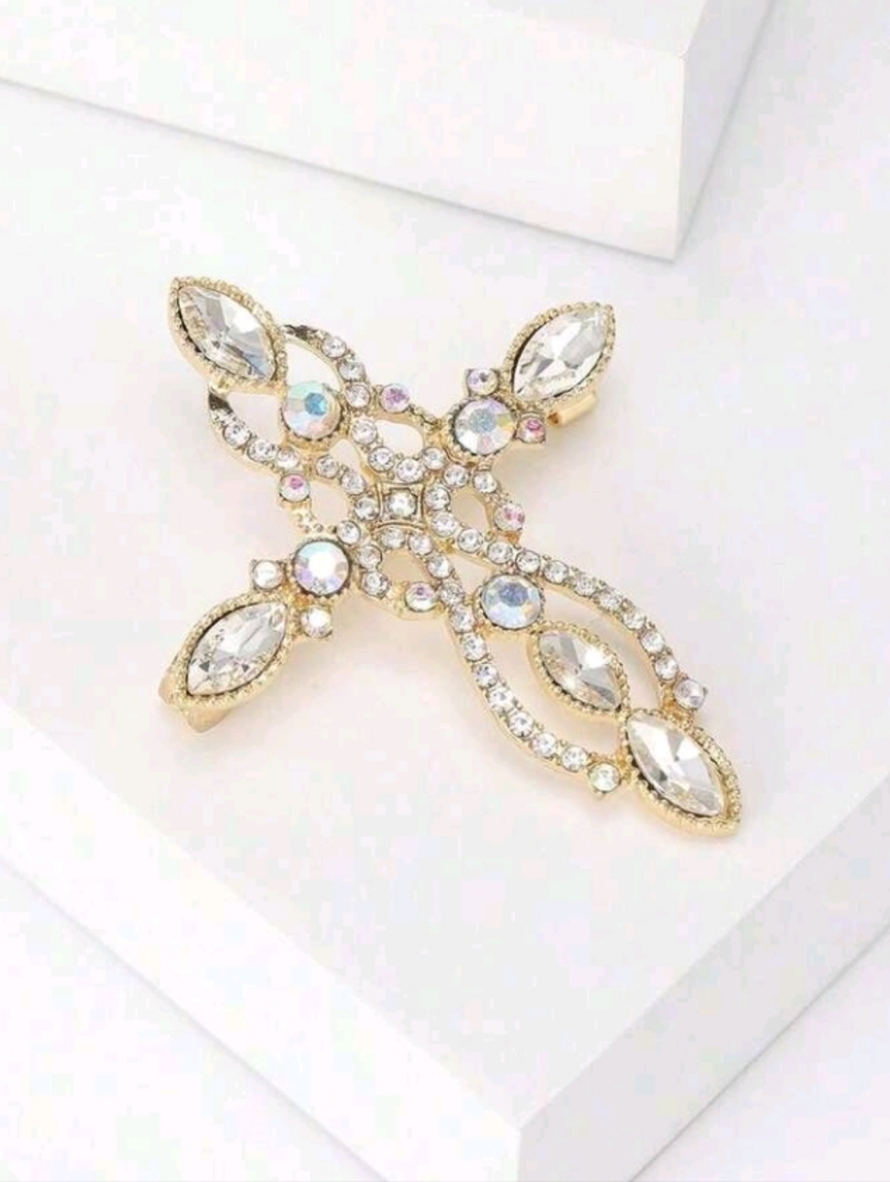 Golden Iridescent Rhinestone Cross Brooch Pin - Picture 2 of 5